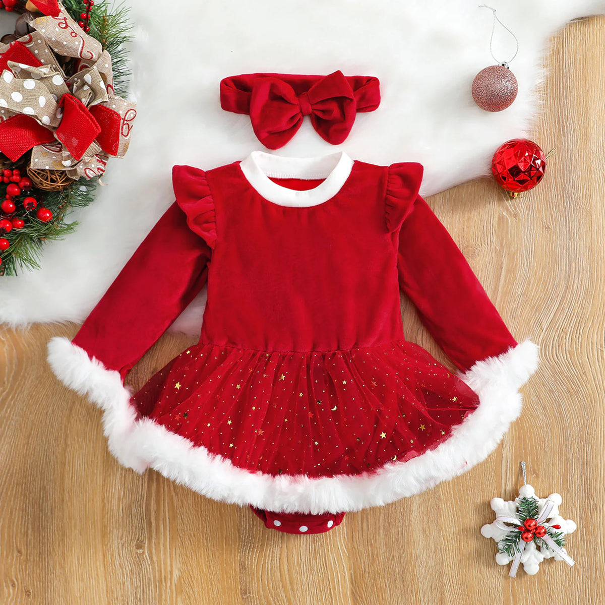 Baby Girl Christmas Costume with Sequin Skirt and Headband